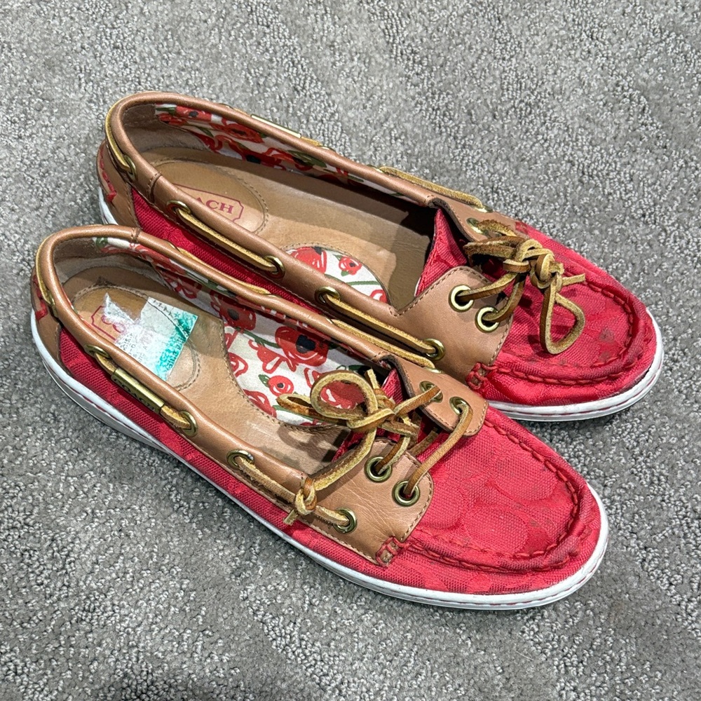 Coach Women's Red and Brown Loafers y2k vintage